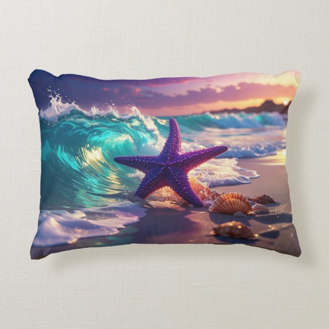 Ocean beach with violet starfish decorative cushion (Front)