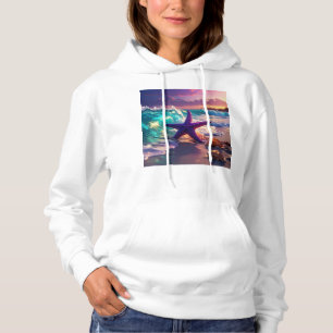 Ocean beach with violet starfish hoodie