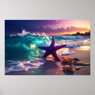 Ocean beach with violet starfish poster