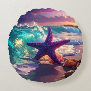 Ocean beach with violet starfish round cushion