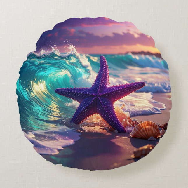 Ocean beach with violet starfish round cushion (Front)