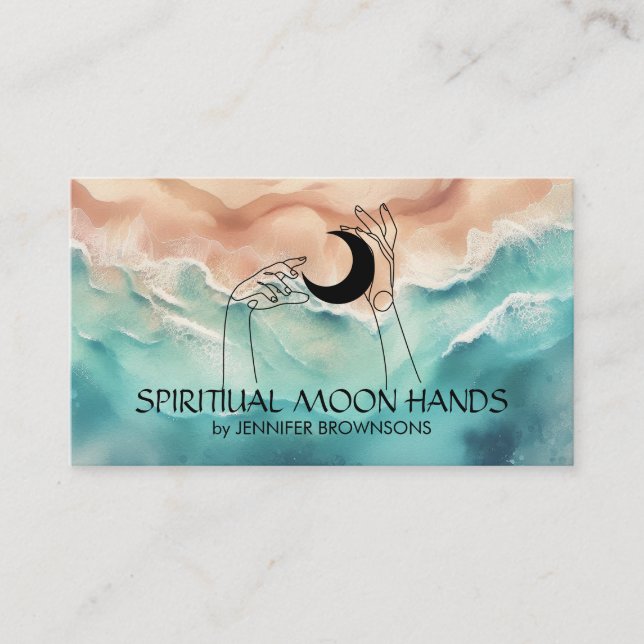 Ocean Beach Yoga Reiki Celestial Hands Moon Business Card (Front)