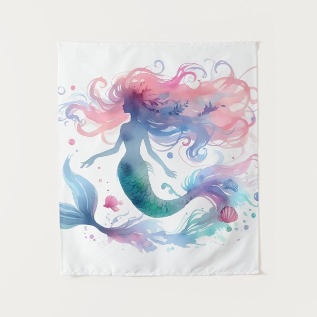 Ocean Beauty Watercolor Mermaid Art Tapestry (Front)