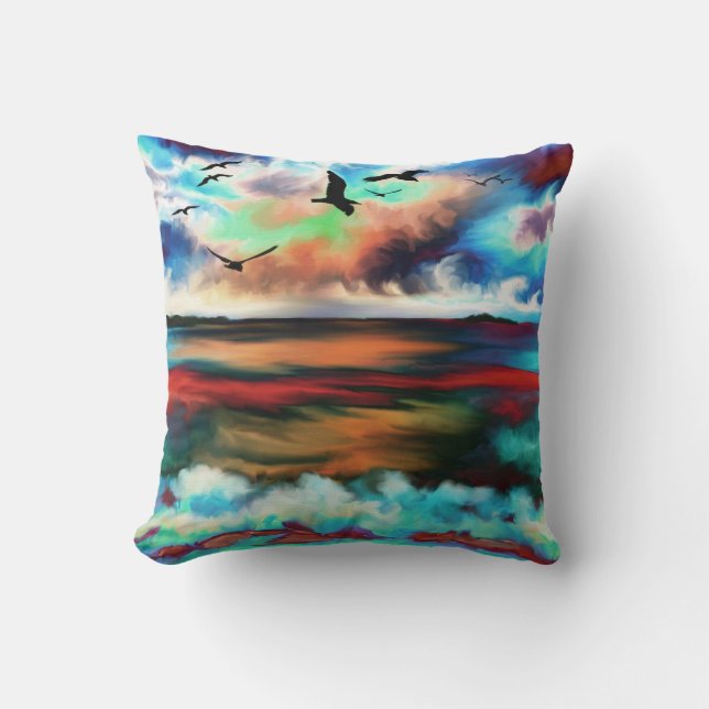 OCEAN BIRDS BEACH WATERCOLOR THROW PILLOWS  (Front)