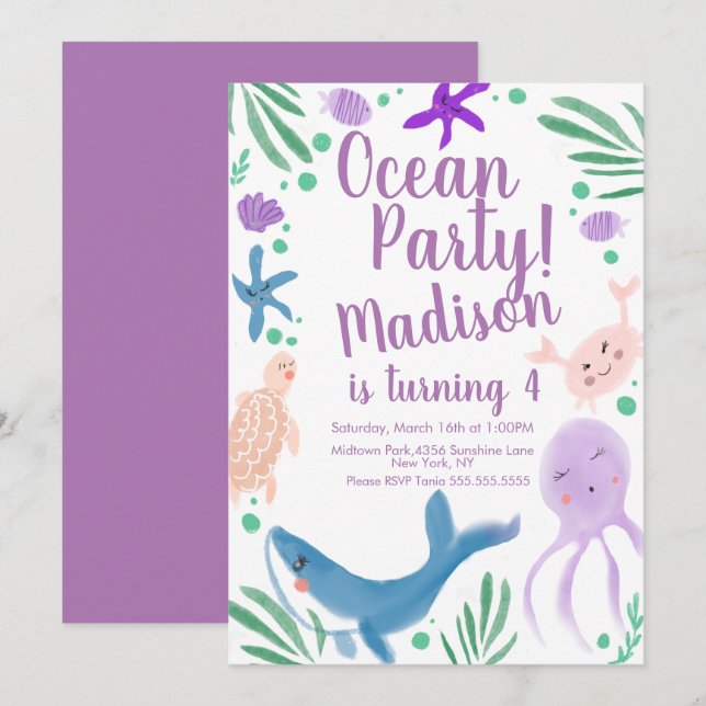 Ocean Birthday Fish Sea Animals Invitation (Front/Back)