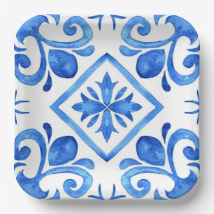 Ocean Bloom Blue Watercolor Floral Mosaic Paper Plate