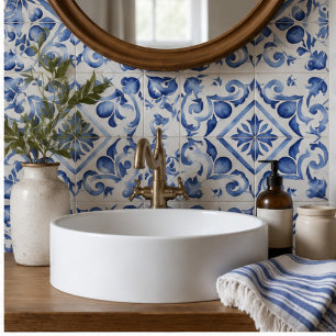Ocean Bloom Blue Watercolor Floral Mosaic Tile