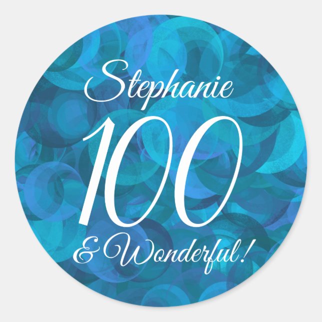 Ocean Blue 100 and Wonderful Birthday Favour Classic Round Sticker (Front)