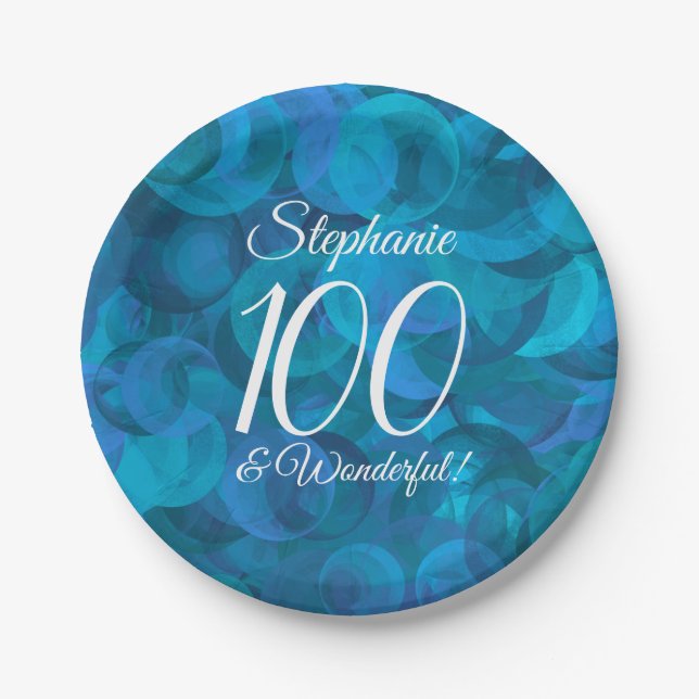 Ocean Blue 100 and Wonderful Birthday Party Paper Plate (Front)