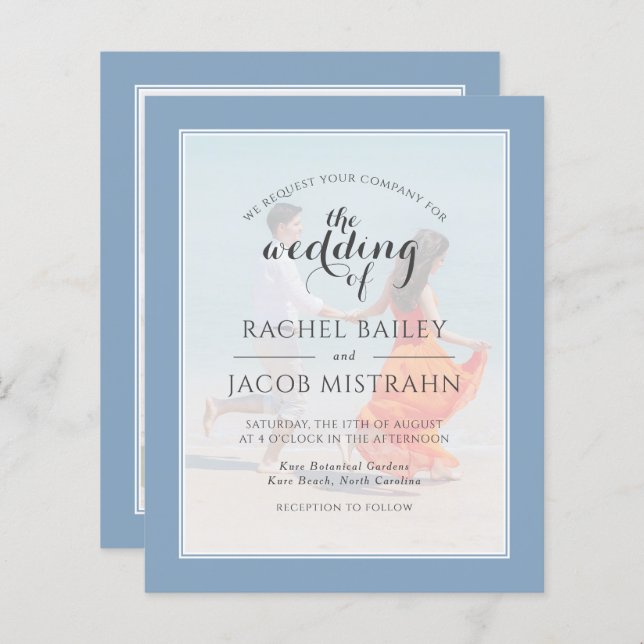 Ocean Blue 2-Photo Budget Wedding Invitation (Front/Back)