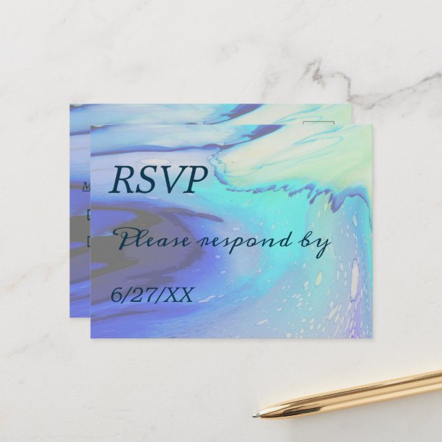 Ocean Blue Abstract Beach Wedding Response  Postcard (Front/Back In Situ)