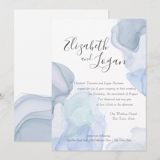 Ocean Blue Abstract Modern Watercolor Wedding Invitation (Front/Back)