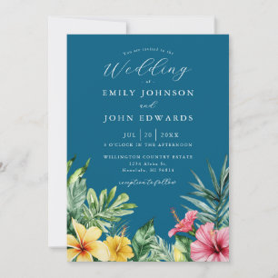 Ocean Blue All In One Tropical Flowers Wedding Invitation