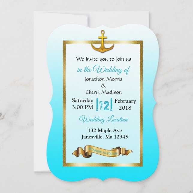 Ocean Blue Anchor  Gold Wedding Invitation (Front)