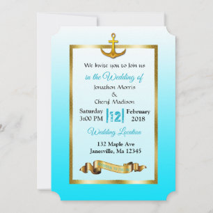 Ocean Blue Anchor  Gold Wedding Invitation