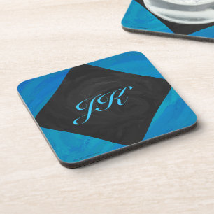 Ocean Blue and Black Monogram Coaster