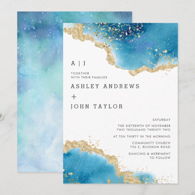 Ocean Blue and Gold Abstract Wedding Invitation (Front/Back)