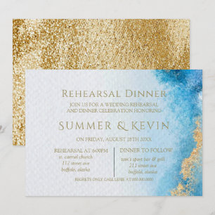 Ocean Blue and Gold Agate Rehearsal Dinner Invitation
