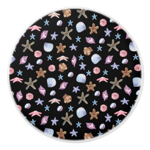 Ocean Blue and Purple Summer Starfish and Seashell Ceramic Knob