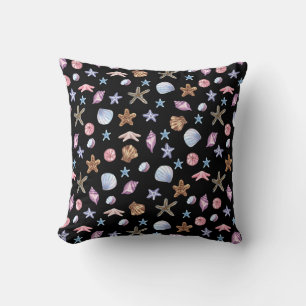 Ocean Blue and Purple Summer Starfish and Seashell Cushion