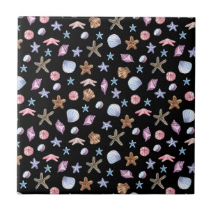 Ocean Blue and Purple Summer Starfish and Seashell Tile