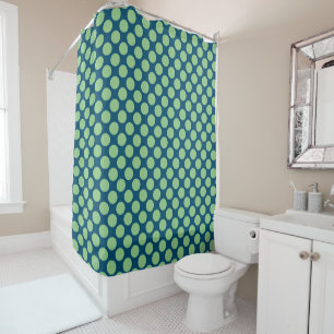 Ocean blue and sage; circles dots shower curtain