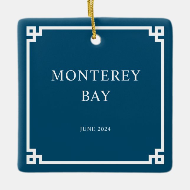 Ocean Blue and White Greek Key Border Family Photo Ceramic Ornament (Front)