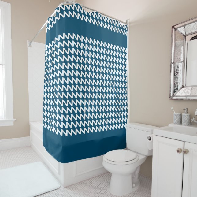 Ocean blue and white Modern Sharp Waves Shower Curtain (In Situ)