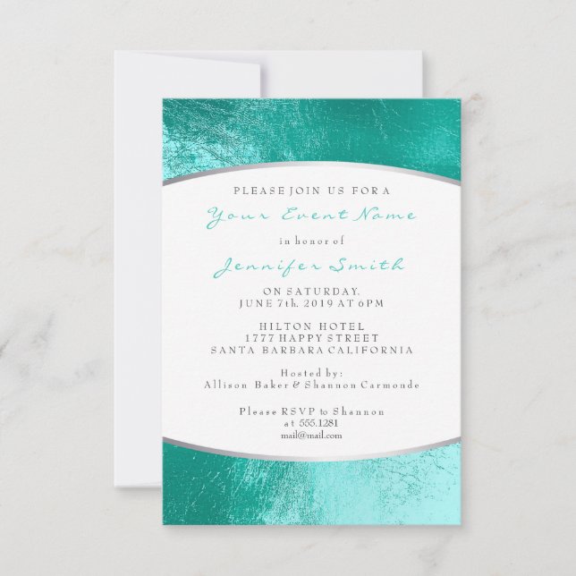 Ocean Blue Aqua Gray White Metallic Beach Invitation (Front)