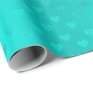 Ocean Blue Aqua Metallic  Hearts  Beach Wedding Wrapping Paper