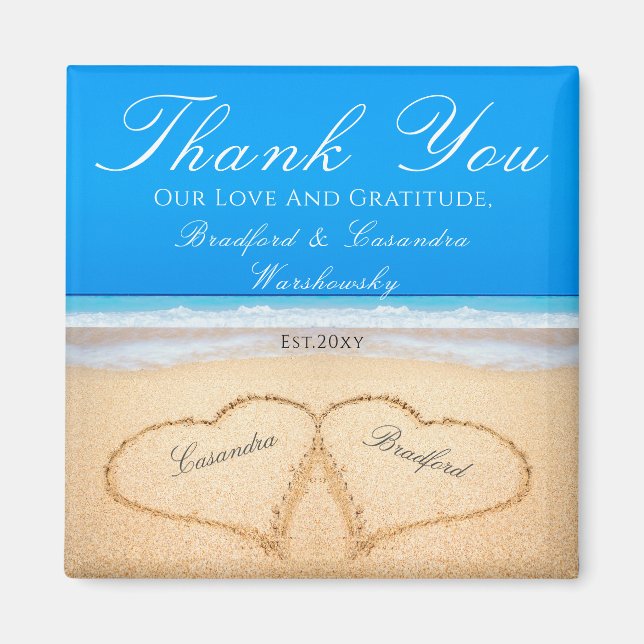 Ocean Blue  Beach Wedding 2 Hearts Sand Magnet (Front)