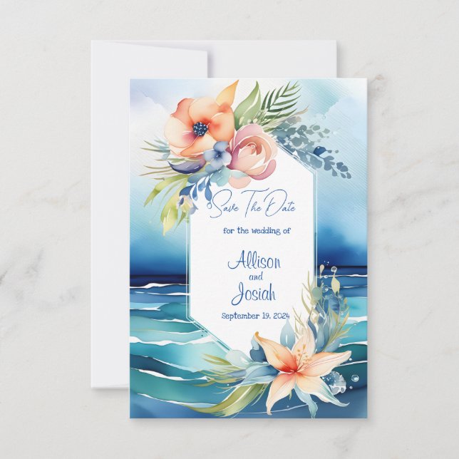 Ocean Blue Blooms: Beach Wedding Save the Date (Front)