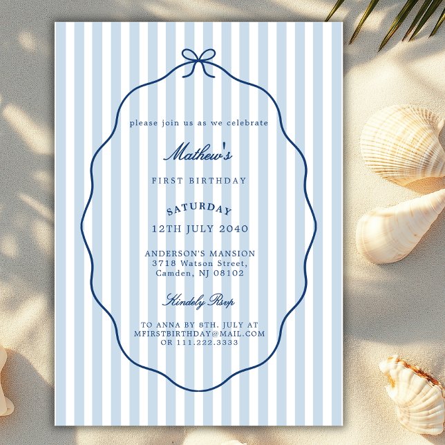 Ocean Blue Bow Stripes Classic Boy Any Birthday  Invitation (Creator Uploaded)