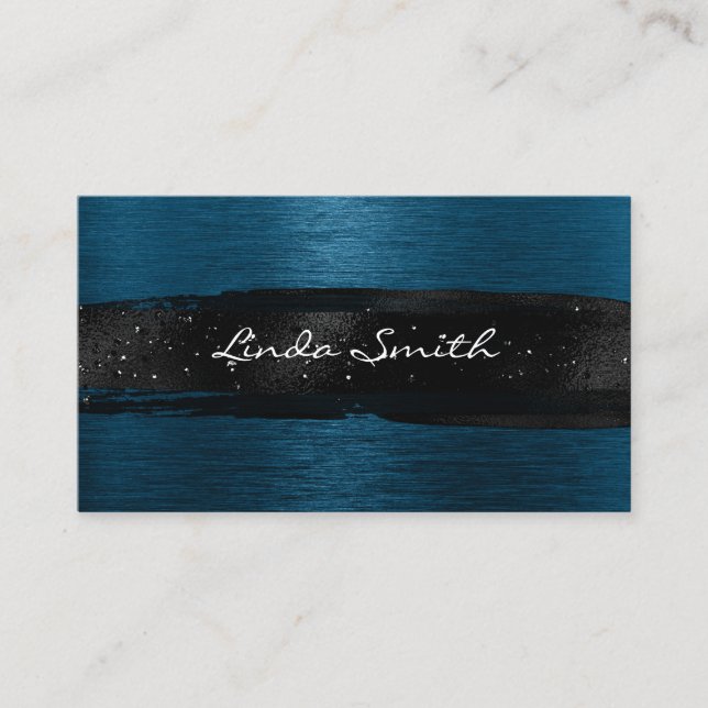 Ocean Blue Brushed Metal Black Brush Strokes Business Card (Front)