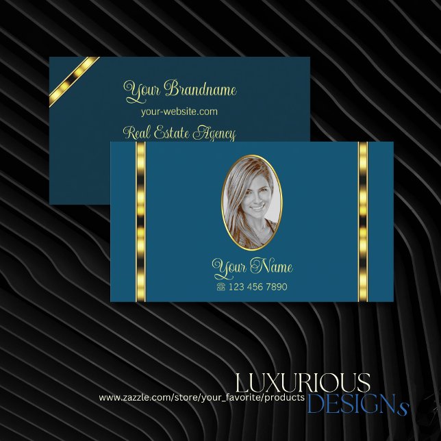 Ocean Blue Chic with Photo Gold Decor Professional Business Card (Creator Uploaded)