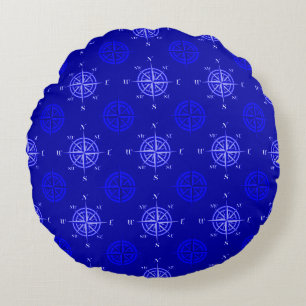 Ocean Blue Compass Rose Round Cushion