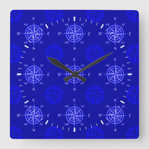 Ocean Blue Compass Rose Square Wall Clock