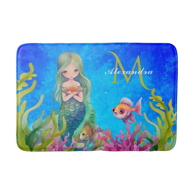 Ocean Blue Cute Monogram Name  Mermaid Bath Mat (Front)
