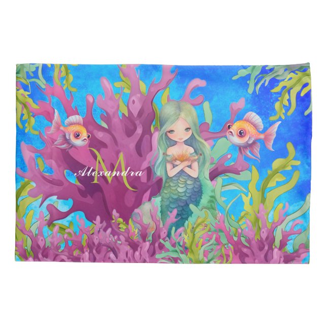 Ocean Blue Cute Monogram Name Mermaid Pillowcase (Back)