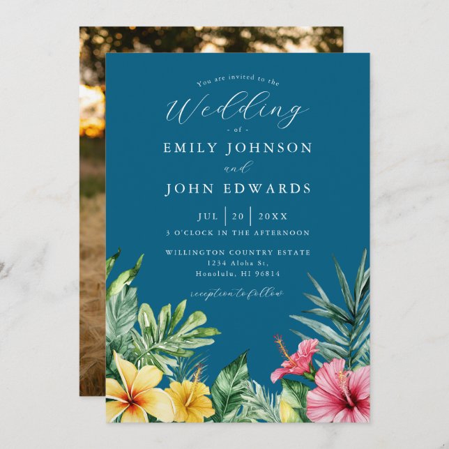 Ocean Blue Elegant Tropical Floral Photo Wedding Invitation (Front/Back)