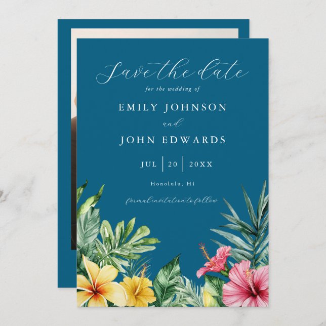 Ocean Blue Elegant Tropical Flowers Photo Wedding Save The Date (Front/Back)
