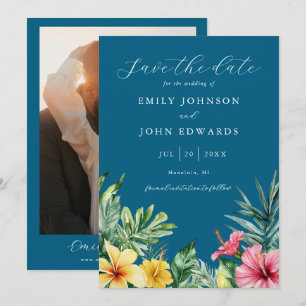 Ocean Blue Elegant Tropical Flowers Photo Wedding Save The Date