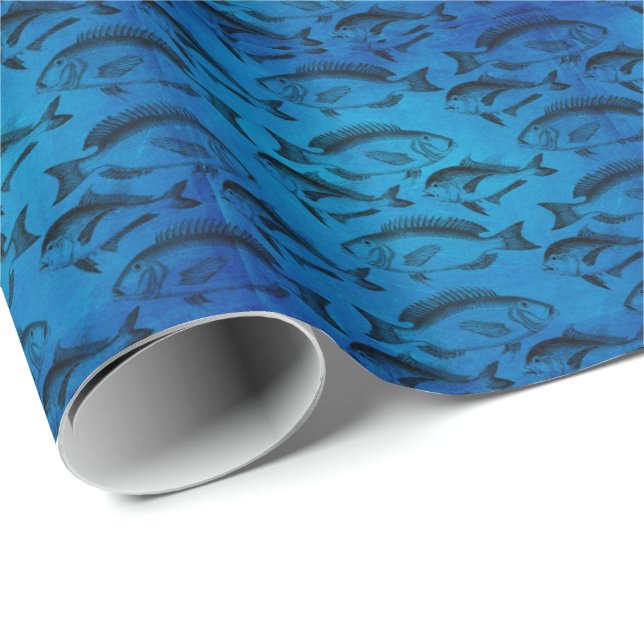 Ocean Blue Fish Pattern For Fisherman Wrapping Paper (Roll Corner)