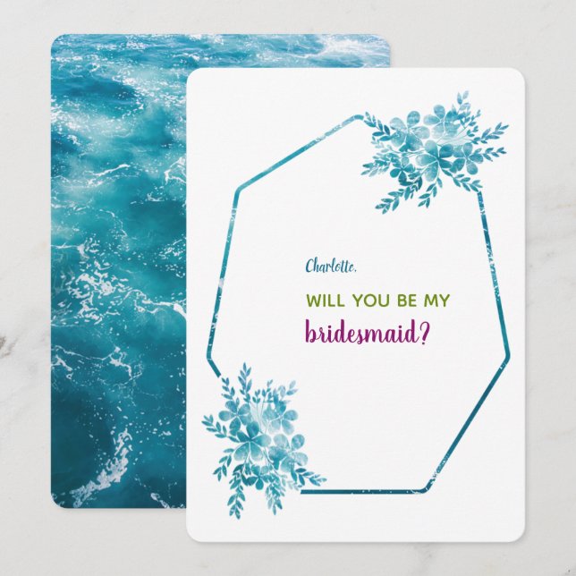 Ocean Blue Floral Bridesmaid Invitation Cards (Front/Back)