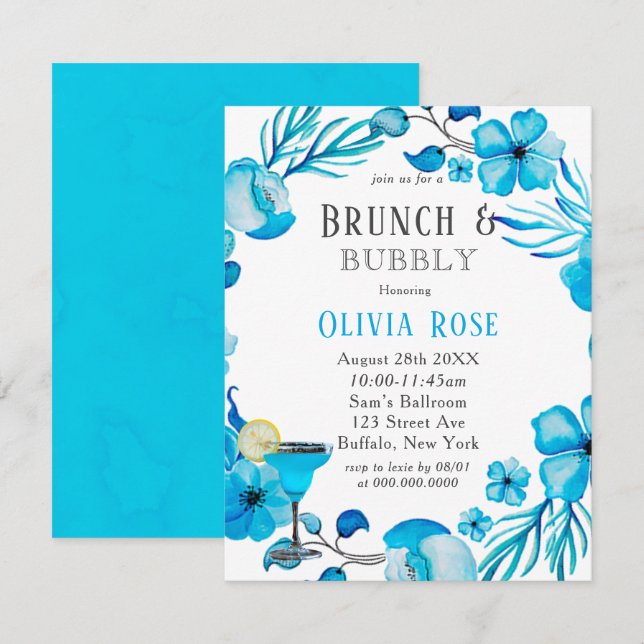 Ocean Blue Floral Brunch & Bubbly Invitation (Front/Back)