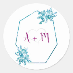 Ocean Blue Floral Initial Monogram Wedding Sticker