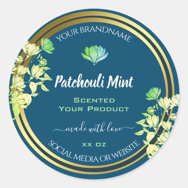 Ocean Blue Floral Product Packaging Labels Gold (Front)