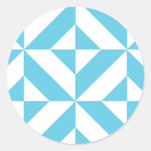 Ocean Blue Geometric Deco Pattern Classic Round Sticker