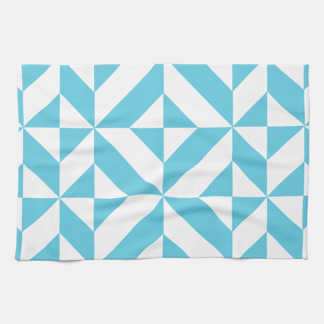 Ocean Blue Geometric Deco Pattern Tea Towel (Horizontal)