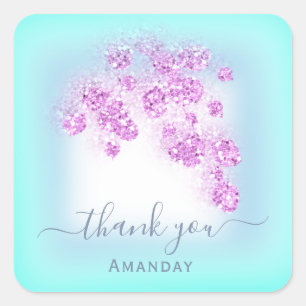 Ocean Blue Glitter Floral Pink Bridal Sweet 16th Square Sticker